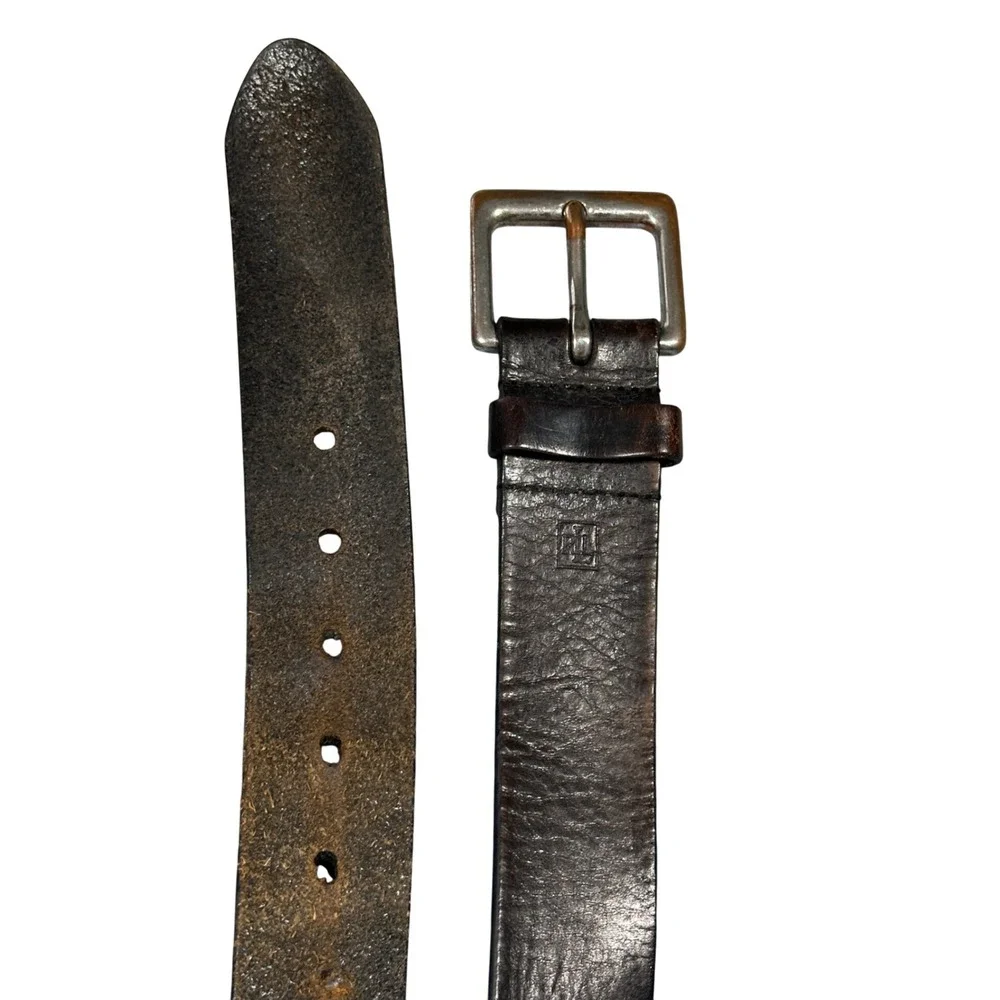 Ralph Lauren RL Mens Distressed Brown Leather Belt Square Buckle Vintage Look